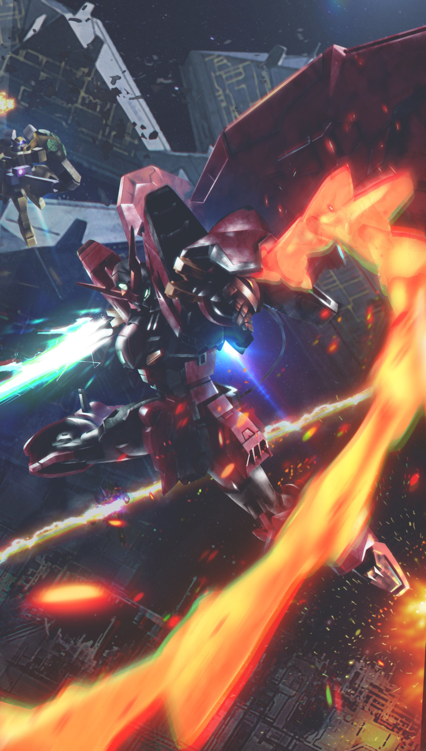 absurdres battle beam_saber boshi_(atuki_mk2) debris diorama gundam gundam_epyon gundam_wing highres holding holding_sword holding_weapon libra_(gundam_wing) mecha robot space spacecraft sword virgo_ii weapon whip