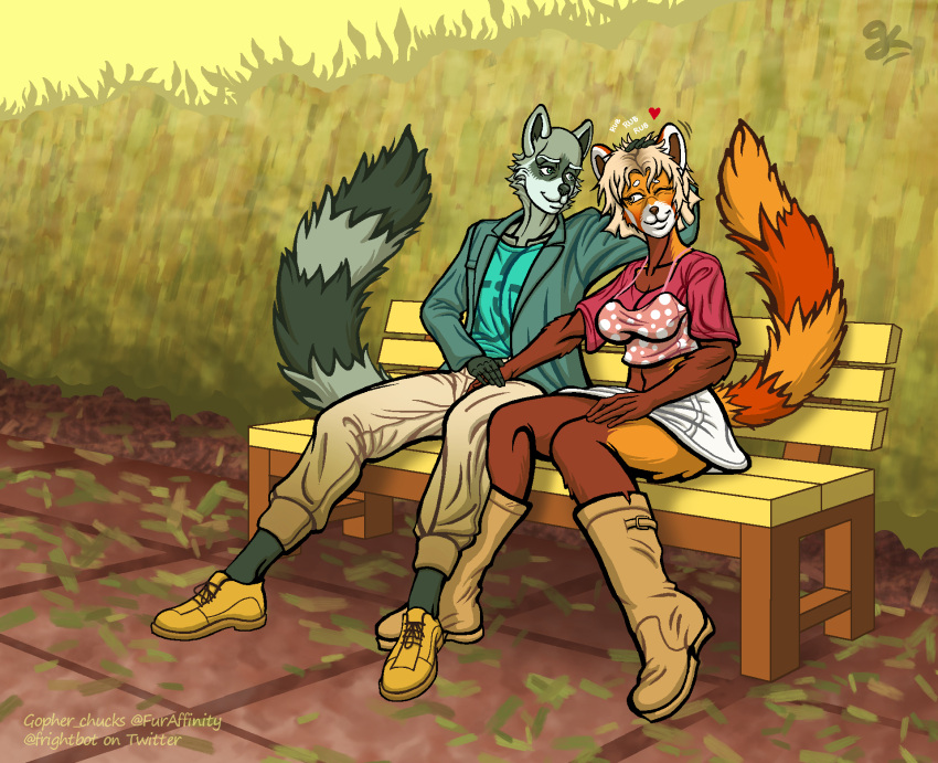 ailurid anthro autumn autumn_leaves band_merch band_shirt bedroom_eyes bench billy_anderson blonde_hair blue_oyster_cult boots bottomwear breasts clothing cloud crop_top curvy_figure dress_shoes duo fan_character female fluffy fluffy_tail footwear furgonomics gopher_chucks grey_body hair hand_holding hand_in_hair hand_on_leg hand_on_thigh head_pat head_rub head_tuft hi_res jacket leaf love male male/female mammal medium_breasts narrowed_eyes one_eye_closed orange_body overcast park park_bench pattern_clothing pattern_topwear perspective petting plant procyonid raccoon red_panda romantic romantic_couple seductive shirt short_hair shrub skirt sky smile spots spotted_clothing spotted_topwear tail tail_through_skirt topwear touching_hair tuft yellow_sky