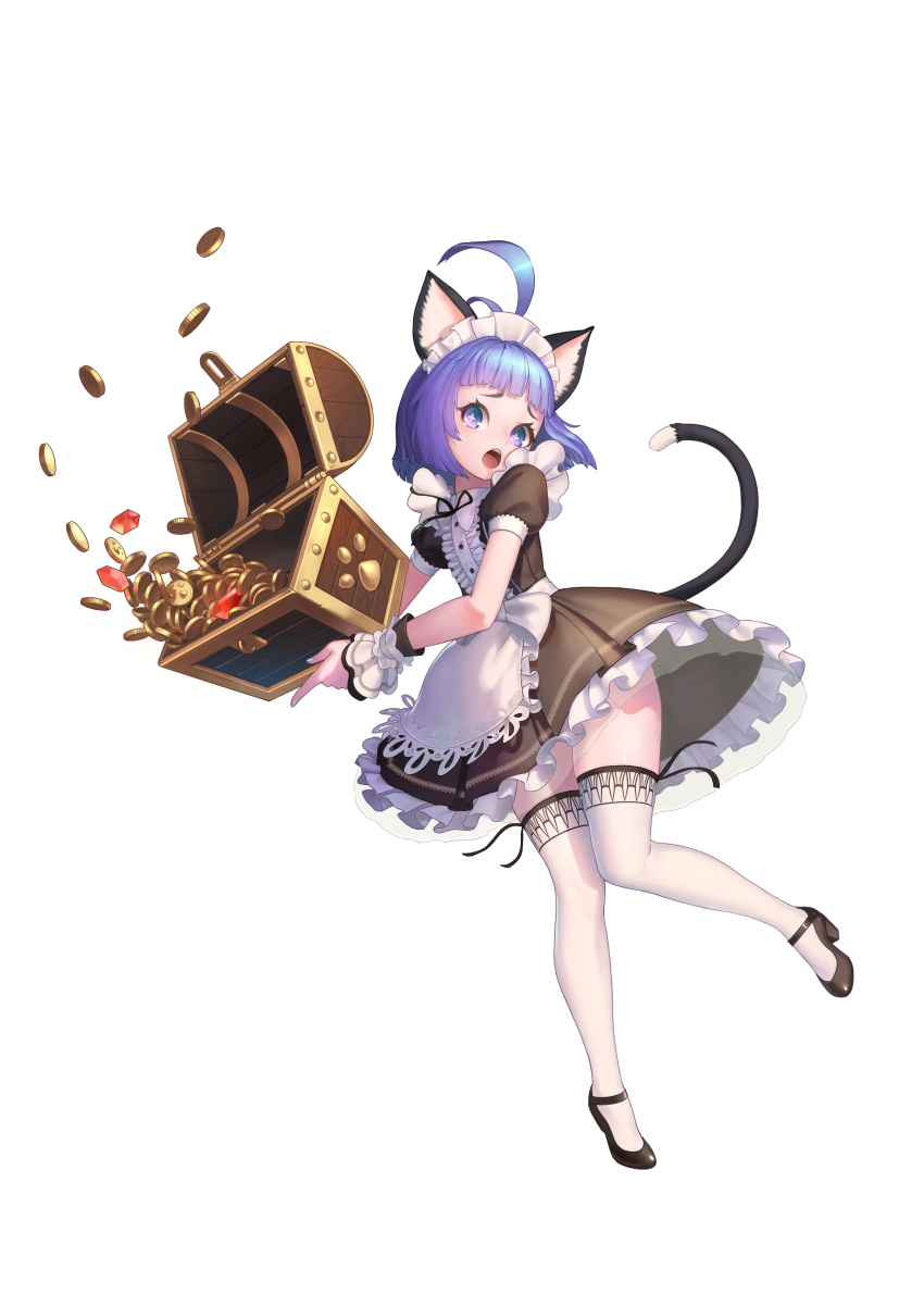 absurdres ahoge animal_ears apron black_dress black_footwear blue_eyes blue_hair cat_ears cat_tail coin dress elin female full_body gem gold high_heels highres huge_ahoge korean_commentary legs maid maid_headdress open_mouth pjman shoes short_hair simple_background solo tail tera_online thighhighs thighs treasure treasure_chest waist_apron white_apron white_background white_thighhighs