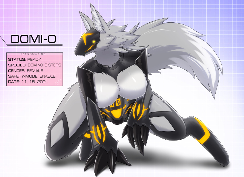 absurd_res amaverse anthro big_breasts big_fangs big_hands breasts clothing coolryong cybernetics cyborg domi-0 domino_sisters english_text exposed_breasts fangs female fluffy fluffy_tail fur grey_body grey_fur hair hi_res ineffective_clothing kemono long_hair machine mask naturally_censored nude robot solo tail teeth text white_body white_fur