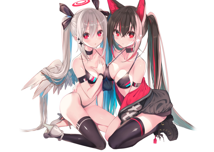 2girls absurdres amakawa_sakko angel angel_wings animal_ear_fluff animal_ears armband asaki_yukiko bikini black_bikini black_choker black_footwear black_hair black_jacket black_thighhighs boots breast_press breasts choker cleavage closed_mouth collarbone commentary feathered_wings fox_ears grey_footwear hair_between_eyes hair_ribbon halo hand_on_own_chest high_heels highleg highleg_bikini highres jacket kneeling long_hair looking_at_viewer medium_breasts multicolored_hair multiple_girls off_shoulder original parted_lips red_eyes ribbon shoes sidelocks single_thighhigh streaked_hair swimsuit symmetrical_docking thighhighs thighs transparent_background twintails very_long_hair white_hair wings