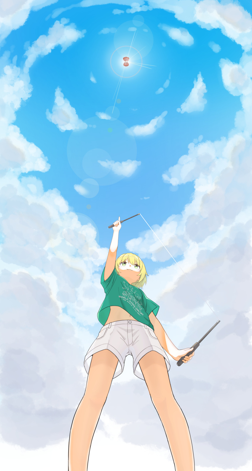 absurdres arm_up blonde_hair chintara10 closed_mouth cloud diabolo english_text feet_out_of_frame female from_below green_hair green_shirt highres holding lens_flare midriff_peek navel original outdoors pointing pointing_up shirt short_hair short_sleeves shorts sky solo sun white_shorts wide_shot