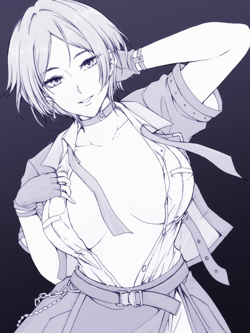 arm_behind_head belt breasts choker cleavage earrings female fingerless_gloves gloves greyscale hagane_soushi hayami_kanade highres idolmaster idolmaster_cinderella_girls idolmaster_cinderella_girls_starlight_stage jacket jewelry large_breasts midriff monochrome necktie no_bra short_hair solo unbuttoned unbuttoned_shirt wallet_chain