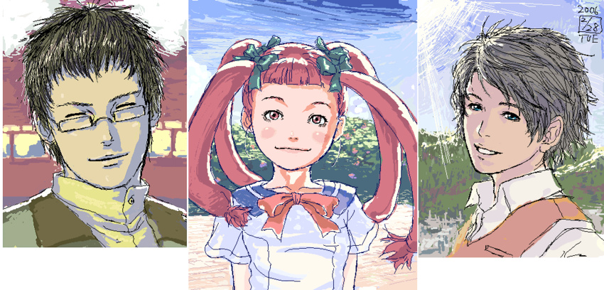 2boys blue_eyes bow brown_hair closed_eyes collage commentary_request dated female glasses hairbow ikeda_(cpt) ishigami_wataru kurauchi_kazuya looking_at_viewer multiple_boys multiple_hair_bows munakata_shiho my-hime oekaki pink_eyes pink_hair quad_tails ribbon school_uniform short_hair