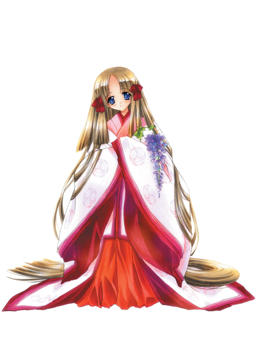 absurdly_long_hair absurdres artbook azuma_hatsumi blonde_hair blue_eyes carnelian female flower fujihime full_body highres japanese_clothes kimono long_hair low-tied_long_hair official_art solo very_long_hair white_background wisteria yami_to_boushi_to_hon_no_tabibito