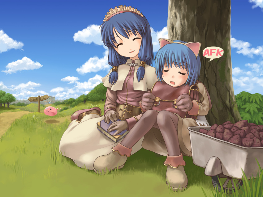 2girls ^_^ acolyte_(ragnarok_online) afk against_tree album_cover animal_ears book bosshi briefcase cat_ears closed_eyes cloud cloudy_sky cover day direction_board dirt_road food hair_tubes highres holding holding_book holding_briefcase knees_together_feet_apart long_hair long_sleeves merchant_(ragnarok_online) multiple_girls open_mouth outdoors pantyhose poring ragnarok_online road road_sign sign sitting sky slime_(creature) smile sweet_potato tree yokozuwari