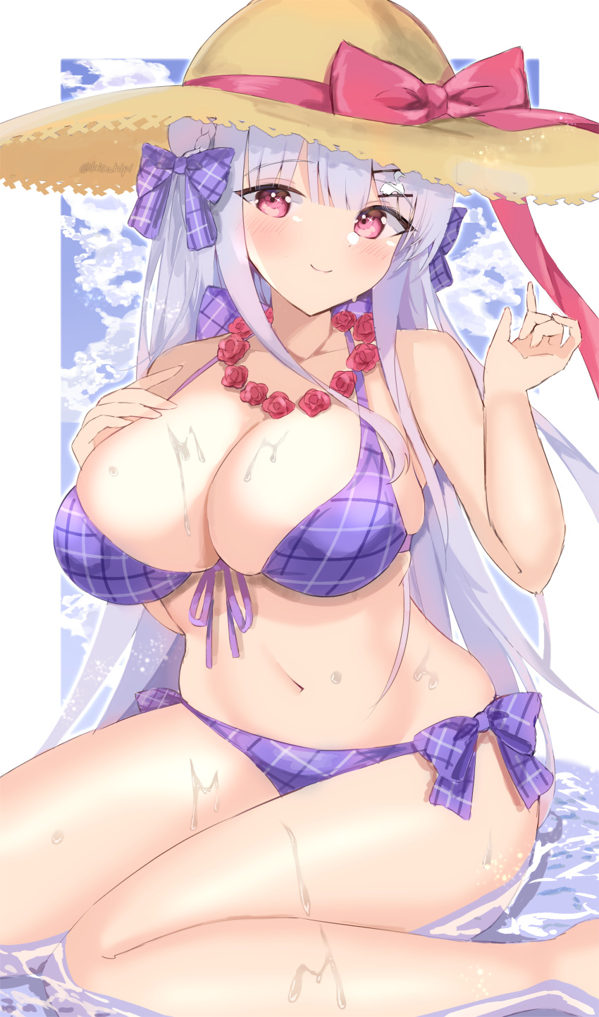 absurdres azur_lane bad_id bad_pixiv_id bikini breasts commentary cygnet_(azur_lane) cygnet_(sea_star_on_shore)_(azur_lane) female flower flower_necklace front-tie_bikini_top front-tie_top hair_ornament hairclip hat highres kisahipi large_breasts light_smile looking_at_viewer official_alternate_costume oppai_loli plaid plaid_bikini plaid_ribbon purple_bikini ribbon solo straw_hat sun_hat swimsuit