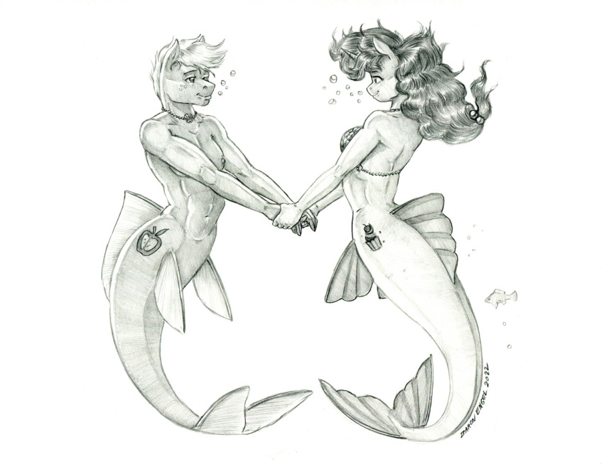 2022 anthro baron_engel big_macintosh_(mlp) bra breasts bubble clothing cutie_mark duo eye_contact female friendship_is_magic graphite_(artwork) greyscale hair hand_holding hasbro husband_and_wife jewelry long_hair looking_at_another male male/female marine married_couple merfolk mermay monochrome my_little_pony necklace pencil_(artwork) romantic romantic_couple short_hair smile split_form sugar_belle_(mlp) traditional_media_(artwork) underwear