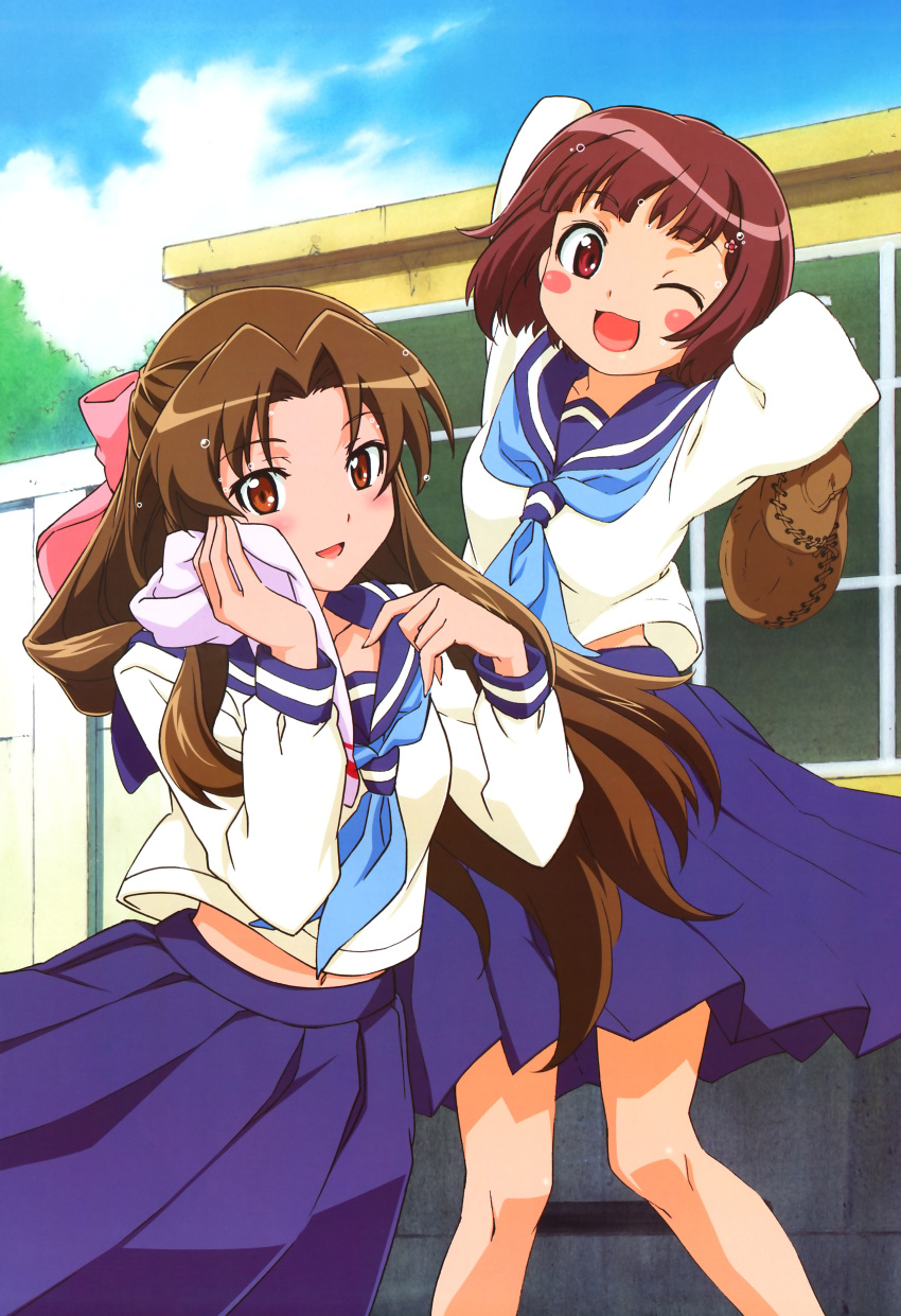 2girls ;d absurdres baseball_mitt blue_skirt blunt_bangs blush brown_hair hair_ornament hair_ribbon handkerchief highres long_hair looking_at_viewer multiple_girls nyantype ogasawara_akiko one_eye_closed pink_ribbon ribbon school_uniform short_hair skirt smile suzukawa_koume taishou_yakyuu_musume