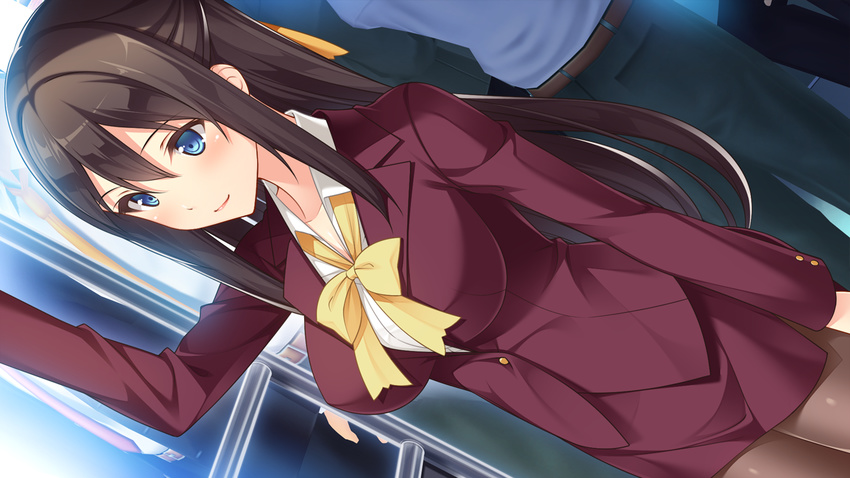 black_hair blue_eyes bow breasts brown_legwear chikan_da_~shinri_counselor_meika_no_shinryou_kiroku~ dutch_angle female formal game_cg hair_ribbon kotobuki_natsumi large_breasts long_hair miniskirt nemigi_tsukasa pantyhose pencil_skirt purple_suit ribbon sidelocks skirt skirt_suit solo_focus suit train_interior yellow_bow yellow_ribbon