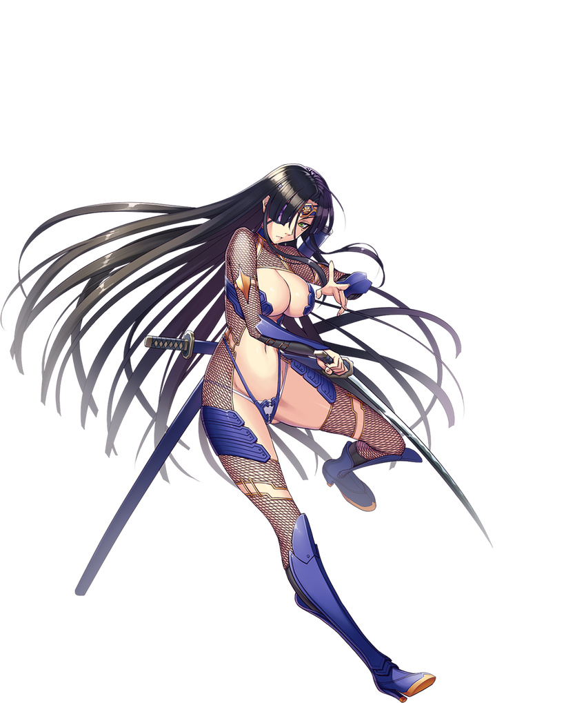 armor armored_boots asafimu azami_(sennen_sensou_aigis) black_hair boots breasts eyepatch female fishnets full_body green_eyes high_heels highres holding holding_sword holding_weapon large_breasts long_hair looking_at_viewer mole mole_under_eye official_art parted_lips revealing_clothes sennen_sensou_aigis solo sword transparent_background very_long_hair weapon