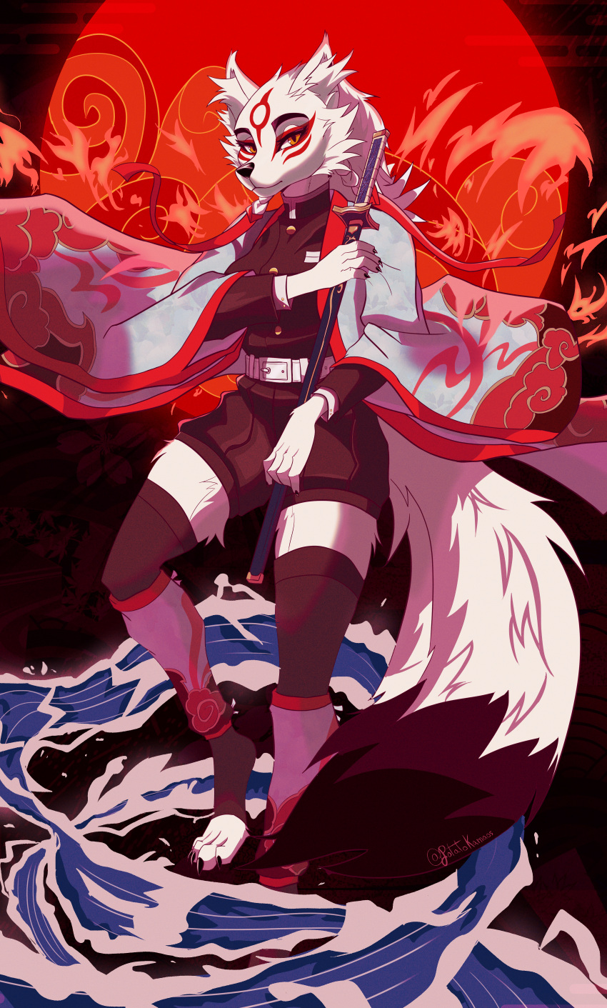 2021 absurd_res amaterasu_(okami) anthro canid canine canis capcom clothed clothing clover_studio crossover deity demon_slayer facial_markings female fire fur head_markings hi_res katana kimetsu_no_yaiba legwear mammal markings melee_weapon okami_(capcom) potatokamaos signature solo stockings sword toeless_legwear toeless_stockings twintails uniform water weapon white_body white_fur wolf