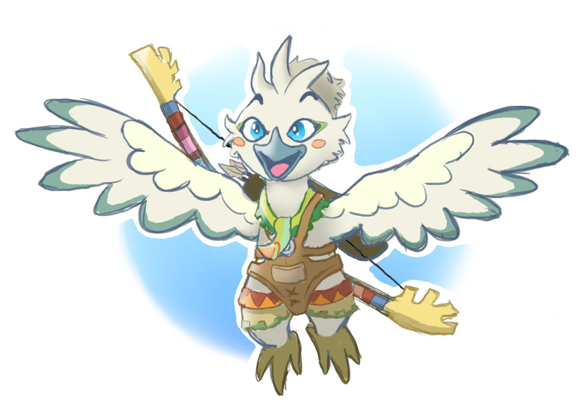 2023 anthro arm_markings arrow_(weapon) avian avian_feet beak biped bird blue_eyes bottomless bow_(weapon) capelet cheek_tuft clothed clothing colored digital_media_(artwork) digitigrade doodledonut_(artist) eyebrows facial_markings facial_tuft feather_hands feather_tuft feathered_wings feathers feet green_capelet green_clothing green_facial_markings green_topwear grey_beak head_markings head_tuft hi_res male markings multicolored_body nintendo open_mouth open_smile orange_facial_markings orange_markings quiver_(object) ranged_weapon rito shaded shirt simple_background smile solo swallow_bow tears_of_the_kingdom the_legend_of_zelda toes tongue topknot topwear tuft tulin_(tloz) tunic weapon white_body white_feathers wing_markings winged_arms wings young young_anthro