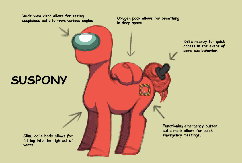 ambiguous_gender among_us crewmate_(among_us) crossover cutie_mark english_text equid equine feral hasbro hi_res hooves horse humor innersloth knife mammal model_sheet my_little_pony pony poskapaints solo text visor wrapped_tail