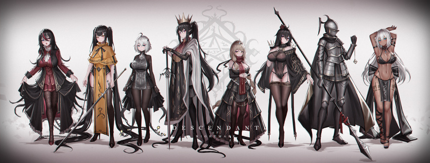 6+girls :o absurdly_long_hair ahoge ambiguous_gender armor arms_up asymmetrical_clothes asymmetrical_gloves black_dress black_hair blonde_hair blue_eyes bodystocking bracelet breasts cape capelet commentary_request crown cthulhu_mythos curtsey dark-skinned_female dark_skin dress elder_sign expressionless full_armor full_body gloves green_eyes hair_ornament hairclip hand_on_own_chest hands_on_hilt height_difference helmet heterochromia high_heels highres jewelry knight large_breasts long_hair mismatched_sclera multicolored_hair multiple_girls original own_hands_clasped own_hands_together pelvic_curtain pentagram photoshop_(medium) pointy_ears polearm ponytail purple_eyes red_eyes red_hair showgirl_skirt single_glove skirt_hold smile spear streaked_hair sword tentacle thighhighs tiara twintails uneven_gloves very_long_hair weapon white_hair yellow_sign yurichtofen zweihander