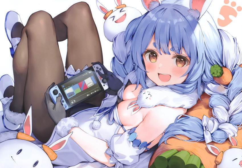 >_< :3 :d animal_ear_fluff animal_ears bangs banned_artist black_gloves black_legwear black_leotard blue_hair blush braid breasts bunny-shaped_pupils cleavage creature detached_sleeves don-chan_(usada_pekora) dress eyebrows_visible_through_hair fake_animal_ears female full_body fur-trimmed_footwear fur-trimmed_gloves fur_collar fur_trim gloves highres holding hololive knee_up leg_garter leg_up leotard leotard_under_clothes looking_at_viewer lying medium_breasts multicolored_hair nintendo_switch nousagi_(usada_pekora) on_back open_mouth pantyhose parsley-f pillow puffy_short_sleeves puffy_sleeves rabbit_ears scan short_sleeves simple_background smile solo strapless strapless_dress symbol-shaped_pupils thick_eyebrows twin_braids two-tone_hair usada_pekora virtual_youtuber white_background white_dress white_footwear white_hair