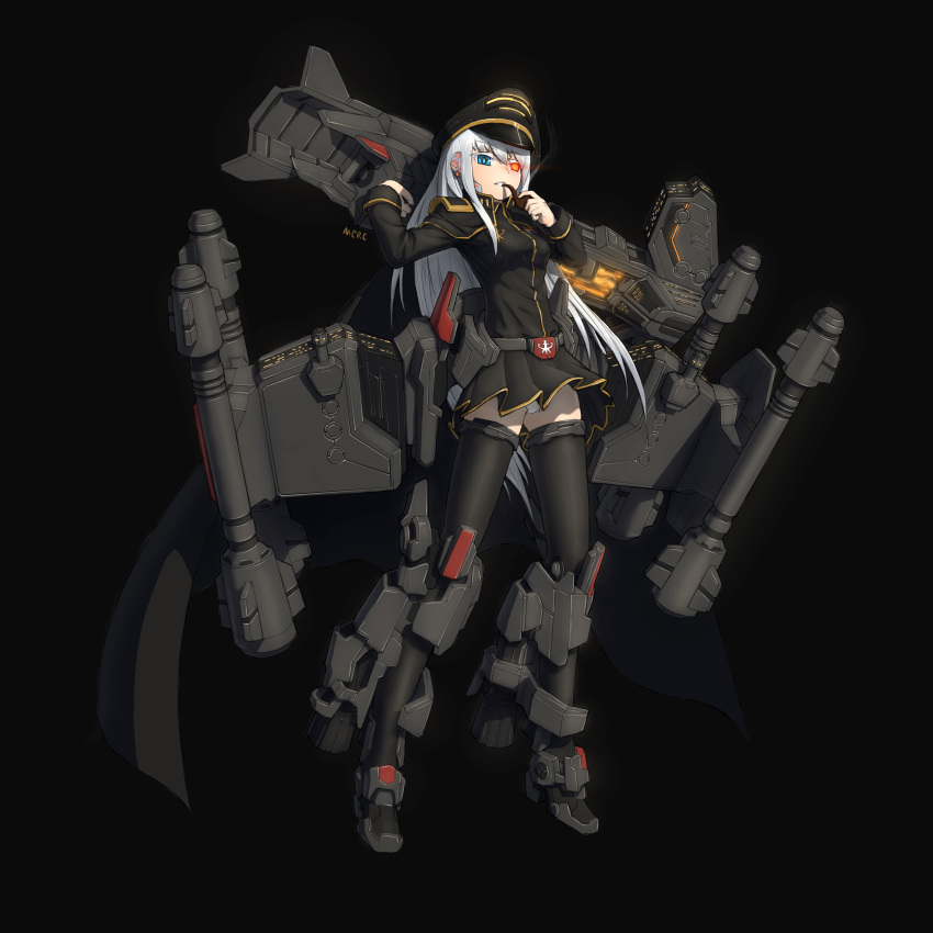 absurdres arm_up artificial_eye battlecruiser_(starcraft) belt black_background black_hat black_skirt black_thighhighs blue_eyes breasts cape commentary english_commentary english_text female full_body glowing glowing_eye hat heterochromia highres legs_apart long_hair long_sleeves looking_at_viewer mcrc_science mecha_musume mechanical_eye military military_hat military_uniform miniskirt panties pantyshot parted_lips peaked_cap personification photoshop_(medium) red_eyes robot_ears signature simple_background skirt sleeve_cuffs small_breasts smoking smoking_pipe solo standing starcraft terran thighhighs underwear uniform upskirt very_long_hair white_hair white_panties