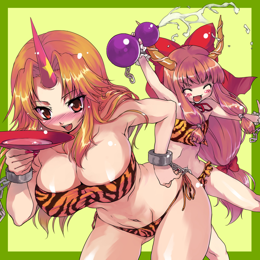 2girls alcohol animal_print bad_id bad_pixiv_id bikini blonde_hair blush bow breasts chains cleavage cuffs cup gourd hairbow highres horns hoshiguma_yuugi ibuki_suika kajo large_breasts long_hair multiple_girls oni red_eyes sakazuki sake single_horn swimsuit tiger_print touhou