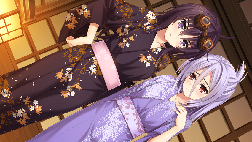 2girls blush dutch_angle embarrassed game_cg goggles goggles_on_head hair_between_eyes hand_on_own_face hand_on_own_hip japanese_clothes kawakami_tokio kikan_bakumatsu_ibun_last_cavalier kimono lantern light_purple_hair long_hair looking_at_viewer multiple_girls norita purple_eyes purple_hair red_eyes sakuma_shuri sash smile yukata