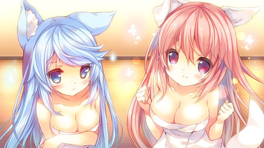 2girls aisia_mayfield animal_ear_fluff animal_ears blue_eyes blue_hair blush breasts cat_ears clenched_hands closed_mouth collarbone dog_ears dog_tail frown game_cg hair_between_eyes hair_down indoors karakara_(game) lens_flare long_hair lucia_haynes medium_breasts multiple_girls naked_towel official_art p19 pink_eyes pink_hair smile sweatdrop swept_bangs tail take_your_pick towel very_long_hair wooden_floor