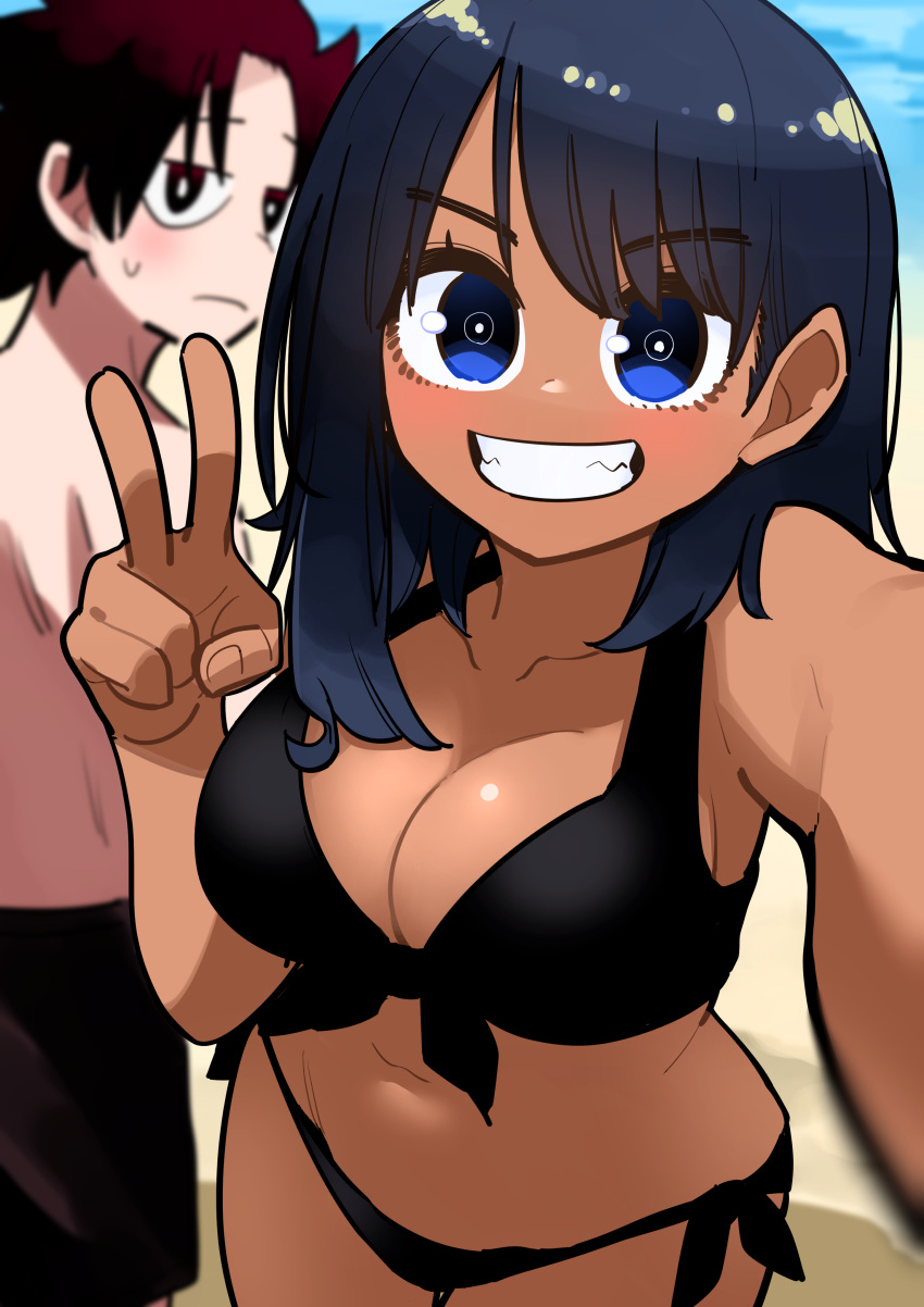 1boy absurdres beach bikini black_bikini black_hair black_male_swimwear blue_eyes breasts brown_eyes brown_hair cleavage collarbone commentary_request cowboy_shot dark-skinned_female dark_skin female grin highres kanke_(kank06020602) large_breasts long_hair looking_at_viewer male_swimwear medium_hair open_mouth original outdoors selfie short_hair smile swimsuit topless_male very_long_hair water