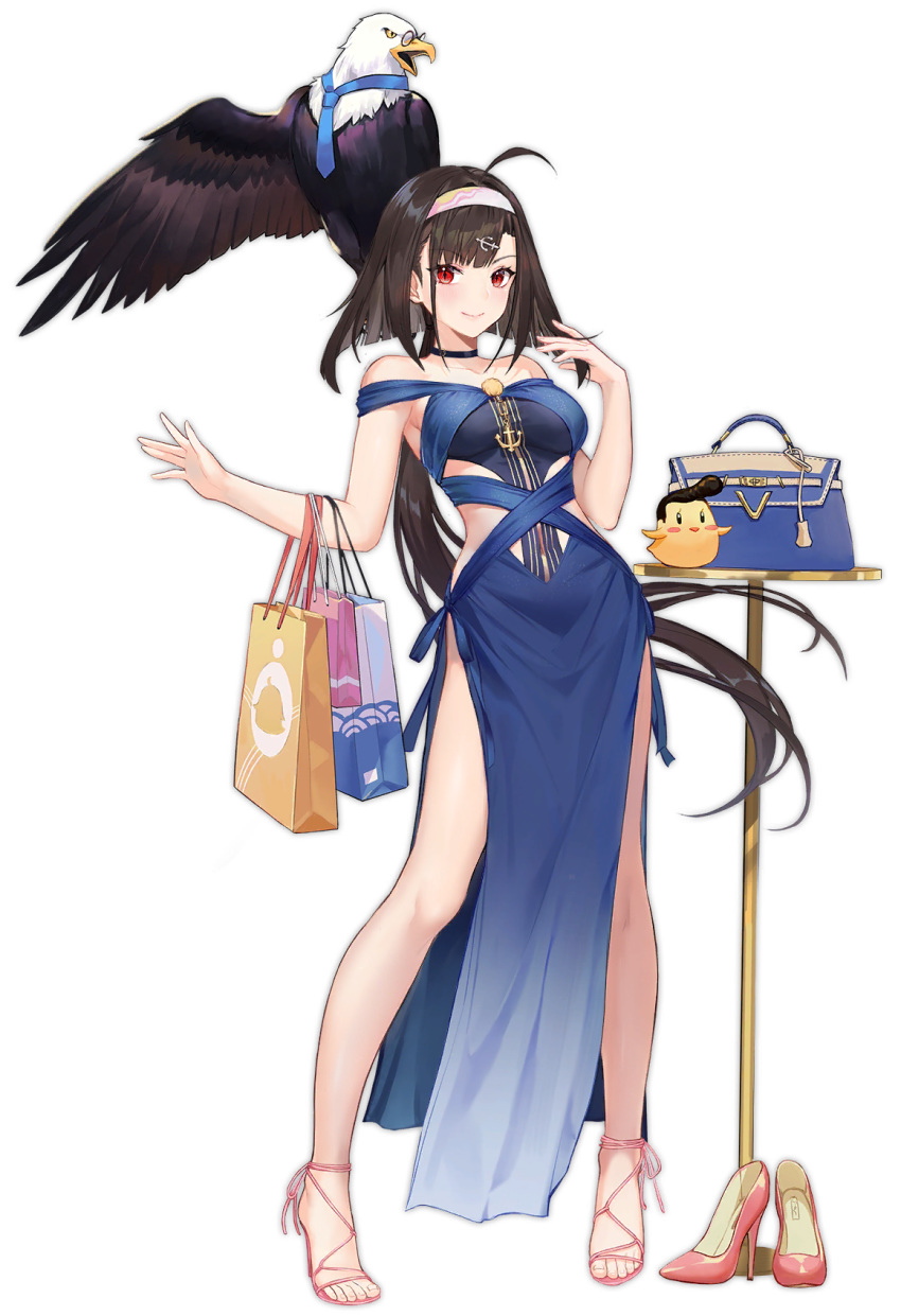 ahoge anchor_hair_ornament animal atdan azur_lane bag bald_eagle bare_arms bare_legs bare_shoulders bird black_choker black_hair blue_dress breasts chick choker dress eagle female full_body glasses gradient gradient_dress hair_ornament hairband hand_up handbag high_heels highres independence_(azur_lane) independence_(the_independent_line)_(azur_lane) large_breasts long_hair looking_at_viewer low_ponytail manjuu_(azur_lane) necktie off-shoulder_dress off_shoulder official_art paper_bag pelvic_curtain red_eyes revealing_clothes sandals side_cutout smile solo standing table thighs transparent_background very_long_hair