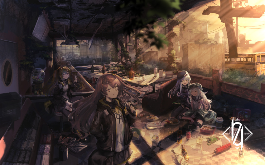 404_(girls'_frontline) 4girls absurdres alcohol ammunition_box aritsuno armband bag bag_of_chips bar_stool beret black_footwear black_gloves black_jacket black_pantyhose black_ribbon black_shorts black_skirt blue_sky blunt_bangs blush boots brown_eyes brown_hair building burger bus bush car ceiling cereal chair chinese_food chocolate closed_eyes closed_mouth cloud cloudy_sky collarbone combat_boots commentary commentary_request concrete couch counter crossed_legs cup diner door doughnut drink drinking_glass eating energy_drink english_text evening facial_mark feeding field_ration fingerless_gloves food fork french_fries g11_(girls'_frontline) girls'_frontline gloves goggles goggles_around_neck grass green_eyes green_headwear green_jacket grey_hair hair_ornament hair_over_shoulder hair_ribbon hairclip hands_in_pocket hanging_light hat head_tilt headband highres hk416_(girls'_frontline) holding holding_bag holding_chocolate holding_food holding_fork indoors jacket ketchup ketchup_bottle kitchen knee_guards knee_pads lamp leaning leaning_forward legs_together long_hair long_jacket looking_at_another looking_at_viewer loose_clothes loose_shirt miniskirt motor_vehicle multiple_girls neck_ribbon noodles on_stool open_clothes open_jacket oyster_pail pantyhose pastry_box plant plate pleated_skirt pot purple_jacket purple_scarf red_footwear red_headband ribbon ruins scar scar_across_eye scar_on_face scarf school_bus shadow shirt shoes short_shorts shorts side_ponytail sidelocks sitting skirt sky skyscraper sleeveless sleeveless_shirt smile smoothie standing stool sunlight sunset table takeout_container tattoo teardrop teardrop_tattoo text_background thighhighs tree twintails ump45_(girls'_frontline) ump9_(girls'_frontline) urban utility_pole van wariza whiskey white_gloves white_hair white_shirt x_hair_ornament yellow_armband yellow_eyes