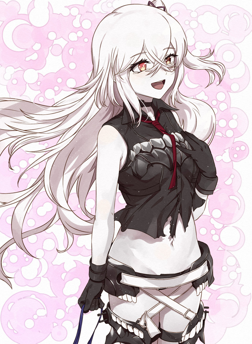 absurdres abyssal_ship black_gloves blush buttons colored_skin cowboy_shot crying crying_with_eyes_open destroyer_water_oni female gloves happy_tears heterochromia highres kanmiya_shinobu kantai_collection long_hair navel one_side_up open_mouth red_eyes smile solo tears white_hair white_skin yellow_eyes