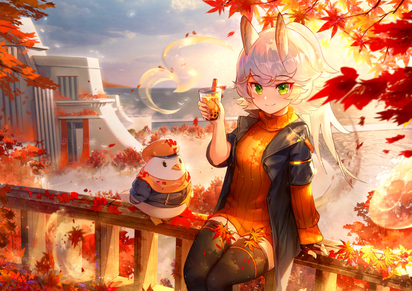 animal anthro autumn azur_lane bird clouds drink green_eyes janyhero kitakaze_(azur_lane) leaves long_hair manjuu_(azur_lane) ponytail sky sunset thighhighs water white_hair