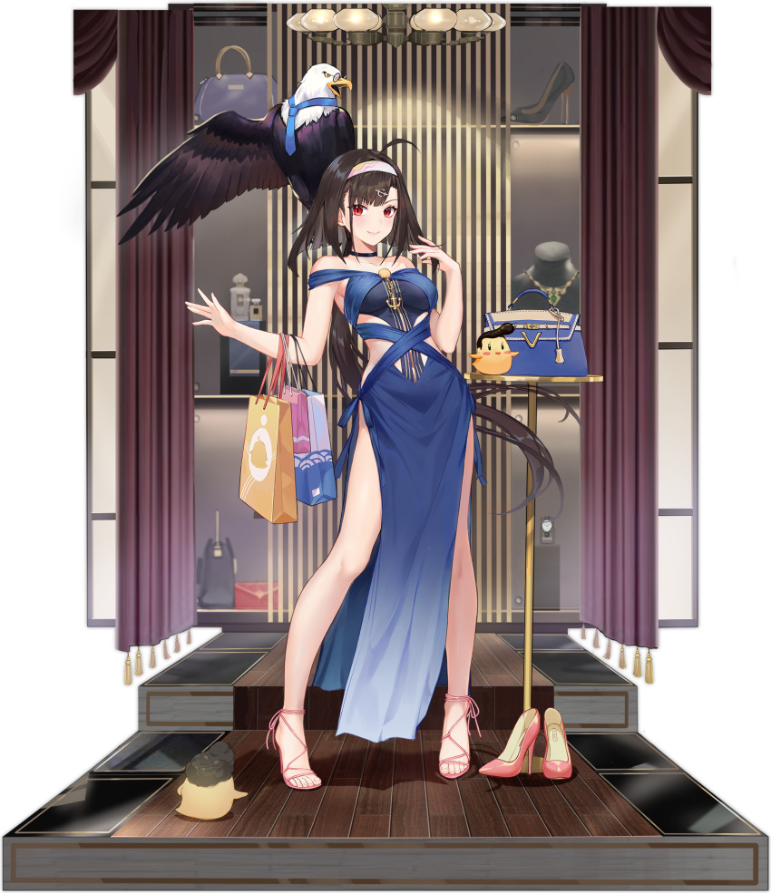 ahoge anchor_hair_ornament animal atdan azur_lane bag bald_eagle bare_arms bare_legs bare_shoulders bird black_choker black_hair blue_dress breasts chick choker curtains dress eagle female full_body glasses gradient gradient_dress hair_ornament hairband hand_up handbag high_heels highres independence_(azur_lane) independence_(the_independent_line)_(azur_lane) large_breasts long_hair looking_at_viewer low_ponytail manjuu_(azur_lane) necktie off-shoulder_dress off_shoulder official_art paper_bag pelvic_curtain red_eyes revealing_clothes sandals side_cutout smile solo standing table thighs transparent_background very_long_hair