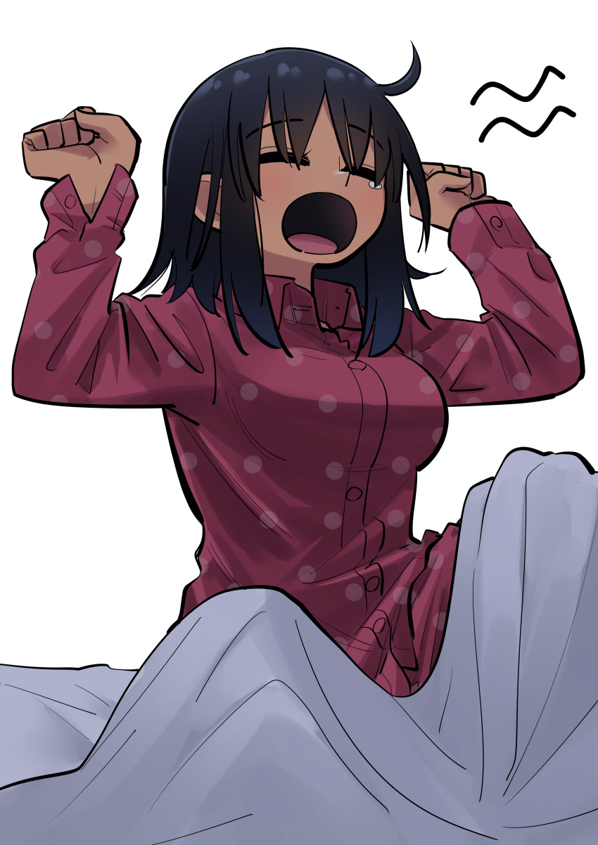 absurdres ahoge closed_eyes commentary_request dark-skinned_female dark_skin female hands_up highres kanke_(kank06020602) long_sleeves open_mouth original pajamas purple_shirt shirt simple_background solo tearing_up waking_up white_background yawning