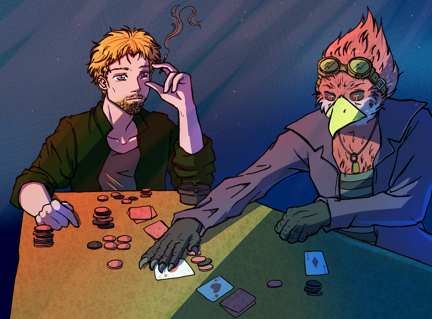 2016 5_fingers absurd_res alien anthro ashtray avian avian_(starbound) beak bird card card_game cigarette clothed clothing colored digital_media_(artwork) duo eyewear fingers gambling gaming goggles hair hi_res human jewelry maladash male mammal necklace poker_chip red_eyes simple_background smoke smoking stack starbound unknown_artist