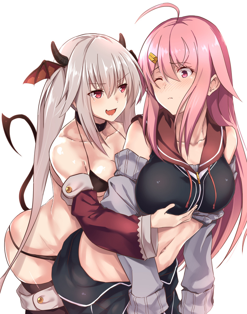 2girls adebana_sacrament ahoge bare_shoulders bat_wings bikini black_bikini black_legwear blush boots breasts collar collarbone commentary_request detached_sleeves grabbing grabbing_another's_breast grabbing_from_behind grey_hair groping hair_ornament hairclip highres horns kamikawa_hinata large_breasts leaning_forward long_hair micro_bikini multiple_girls nia_(adebana_sacrament) oerba_yun_fang original pink_hair red_eyes sidelocks simple_background small_breasts swimsuit tai_(nazutai) tail thigh_boots thighhighs twintails very_long_hair white_background wings yuri