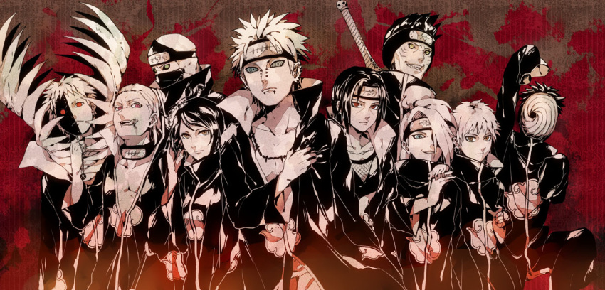 6+boys akatsuki_uniform amegakure_symbol barbell_piercing commentary_request deidara_(naruto) ear_piercing female forehead_protector green_eyes grin hidan_(naruto) hoshigaki_kisame iwagakure_symbol kakuzu_(naruto) konan_(naruto) konohagakure_symbol lip_piercing mask monochrome multiple_boys naruto naruto_(series) naruto_shippuuden nose_piercing pain_(naruto) painttool_sai_(medium) piercing red_eyes red_theme rinnagi sasori_(naruto) smile spot_color tobi_(naruto) uchiha_itachi zetsu_(naruto)