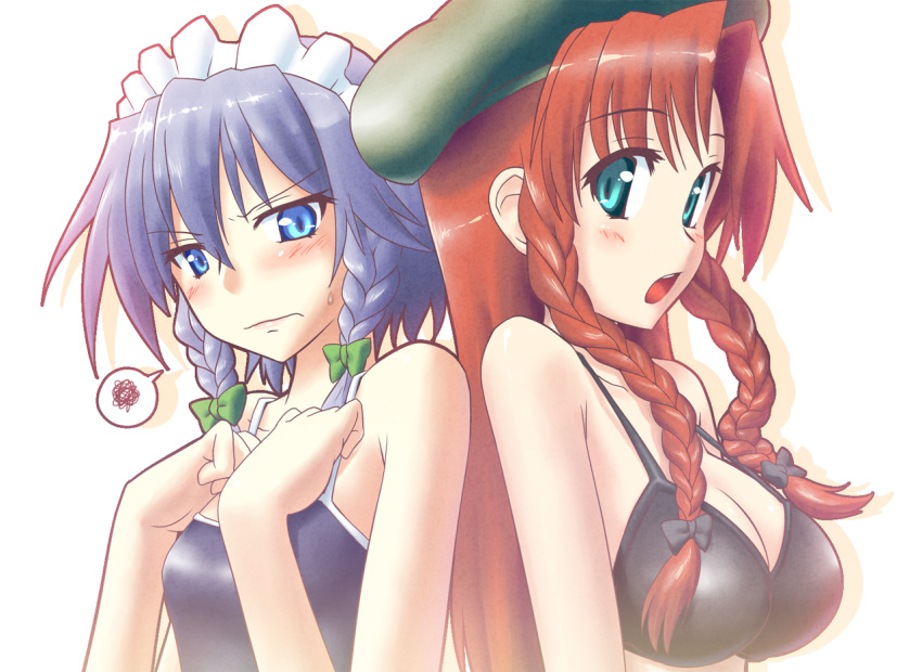 2girls back-to-back bikini bikini_top_only blue_eyes blue_hair bow braid breast_envy breasts cleavage commentary_request fumotono_mikoto green_eyes hairbow hat hong_meiling izayoi_sakuya large_breasts long_hair maid_headdress multiple_girls one-piece_swimsuit red_hair school_swimsuit short_hair squiggle swimsuit touhou twin_braids