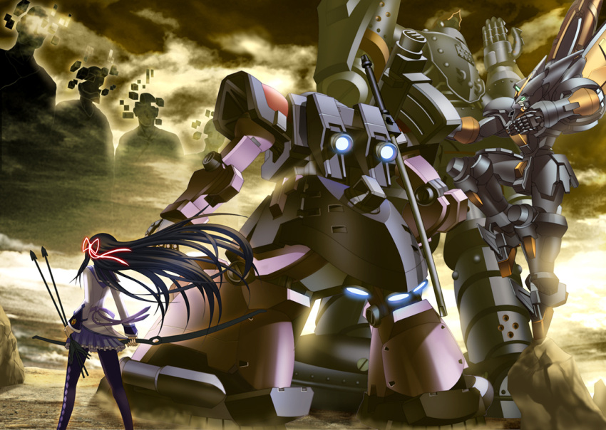 akemi_homura akemi_homura_(magical_girl) arrow_(projectile) big_o_(mecha) black_hair bow_(weapon) cloud cloudy_sky commentary_request crossover dom_(mobile_suit) dom_tropen female fighting_stance from_behind g_gundam gundam gundam_0083 hair_ribbon long_hair magical_girl mahou_shoujo_madoka_magica mahou_shoujo_madoka_magica_(anime) master_gundam mecha pantyhose photoshop_(medium) ribbon robot shiba_tomori sky spoilers standing the_big_o weapon wraith_(madoka_magica)