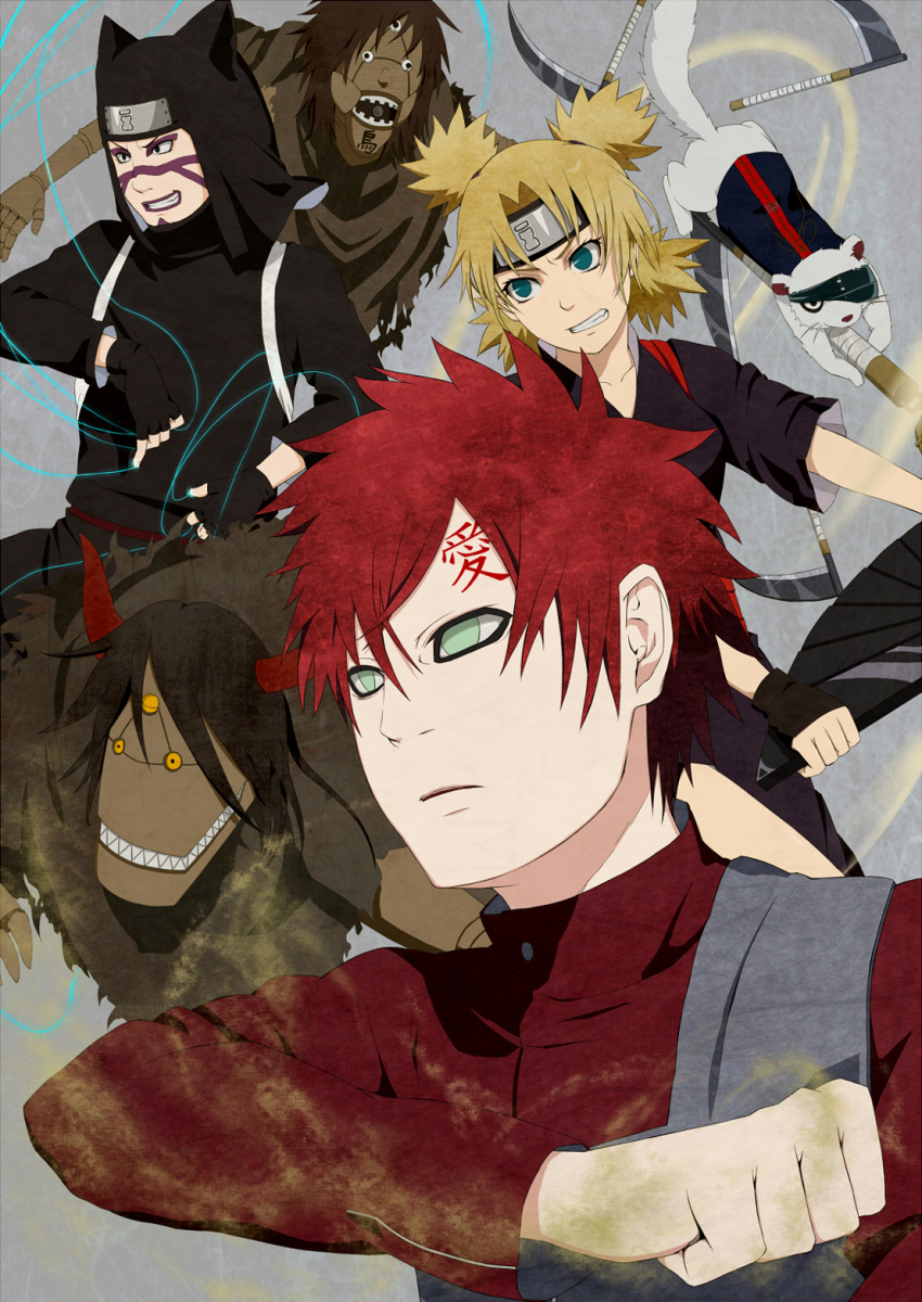 2boys blonde_hair blue_eyes brother_and_sister brothers clenched_teeth facepaint facial_mark fingerless_gloves forehead_protector gaara gloves green_eyes grin highres itsuse kankuro multiple_boys naruto puppet quad_tails red_hair sand scar scythe short_hair shueisha siblings smile teeth temari weapon weasel