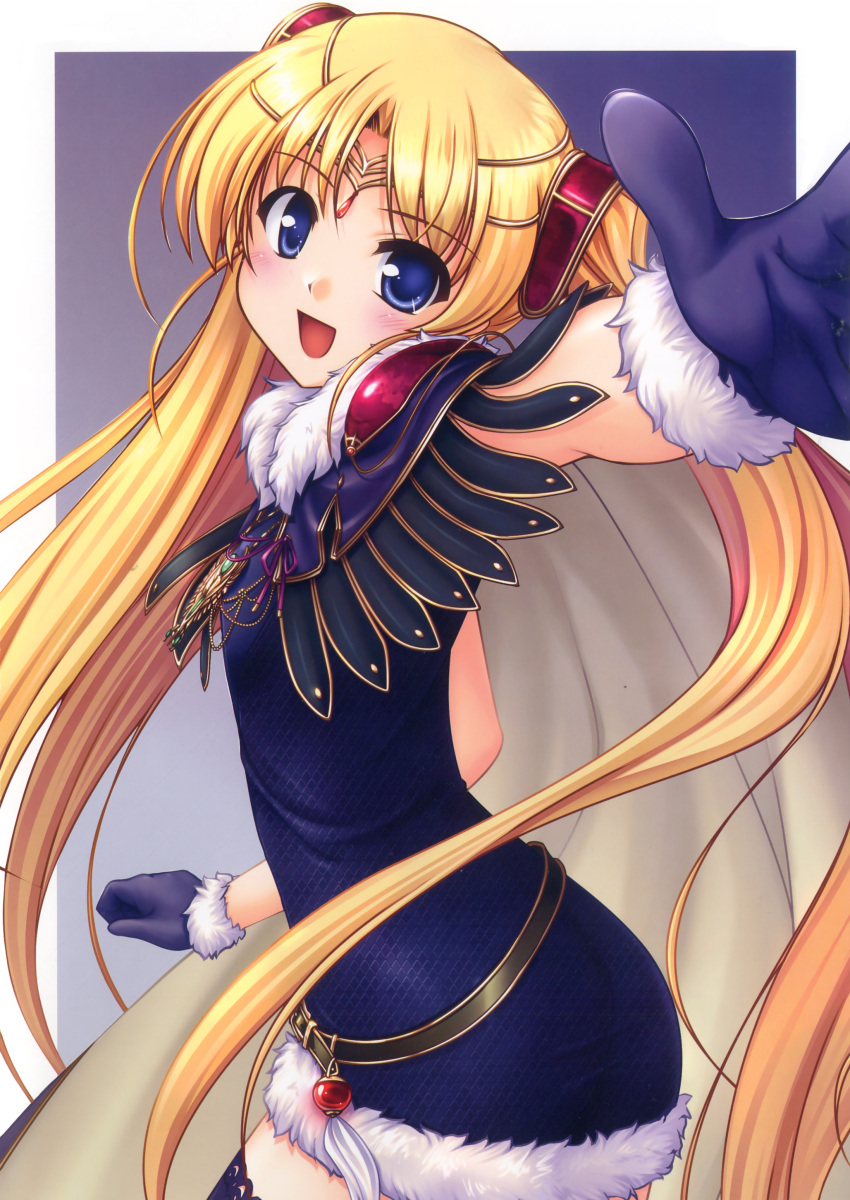 :d absurdres aiyoku_no_eustia august_soft bekkankou blonde_hair blue_eyes cape female gloves hair_ornament highres licia_de_novus_yurii long_hair open_mouth photoshop_(medium) smile solo thighhighs tiara