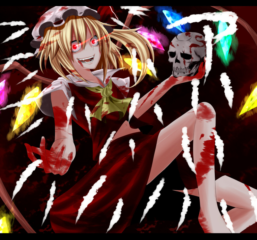 ascot barefoot blonde_hair blood blood_on_clothes blood_on_face commentary_request crazy_eyes fangs female flandre_scarlet glowing glowing_eyes hat letterboxed navel open_mouth outstretched_arm red_eyes rion_(glayjirobass) short_hair skull smile solo touhou wings