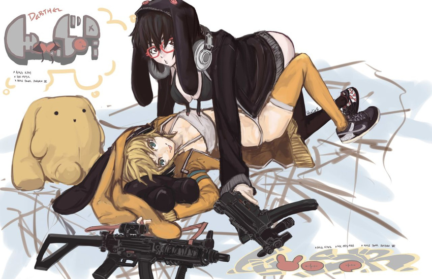 2girls :p akg akg_k-series_headphones bra breasts cleavage cowgirl_position darth_wooser glasses grey_sports_bra gun h&k_mp5 h&k_mp5k hanging_breasts headphones heckler_&_koch hood hoodie lingerie medium_breasts multiple_girls nike_(company) original panties_(pantsu-pirate) personification product_placement shoes sneakers sports_bra stuffed_toy submachine_gun thighhighs tongue tongue_out underwear unfastened vertical_foregrip weapon wooser_(character)