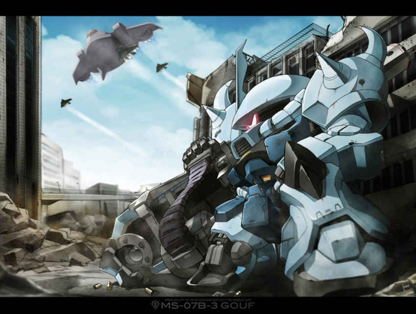 character_name chibi commentary_request dopp gaw gouf_custom gundam gundam_08th_ms_team kaz_(kaz323) kneeling letterboxed mecha no_humans photoshop_(medium) robot rubble sd_gundam shell_casing shield signature