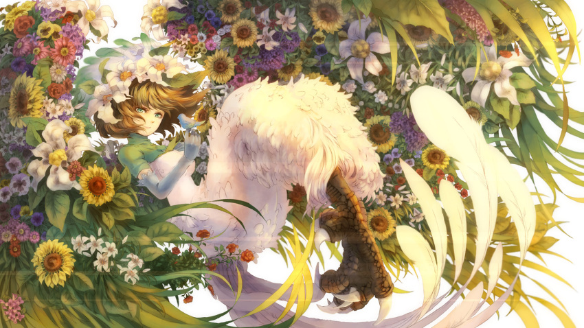 9ji bird brown_hair commentary_request elbow_gloves elle_(lom) feathers female flower gloves green_eyes hair_flower hair_ornament head_wreath highres leaf legend_of_mana lily_(flower) monster_girl photoshop_(medium) plant seiken_densetsu short_hair smile solo sunflower talons wings