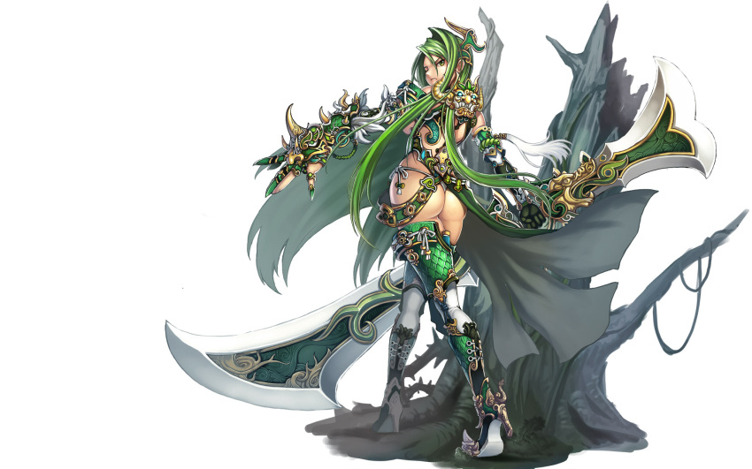 armor ass boots chinese_commentary commentary_request female g-string gauntlets gloves green_eyes green_hair green_thighhighs hair_ornament high_heels highres huge_weapon jak legs long_hair looking_back original panties photoshop_(medium) shoes side-tie_panties solo sword thigh_boots thighhighs thighs thong tree underwear weapon white_panties