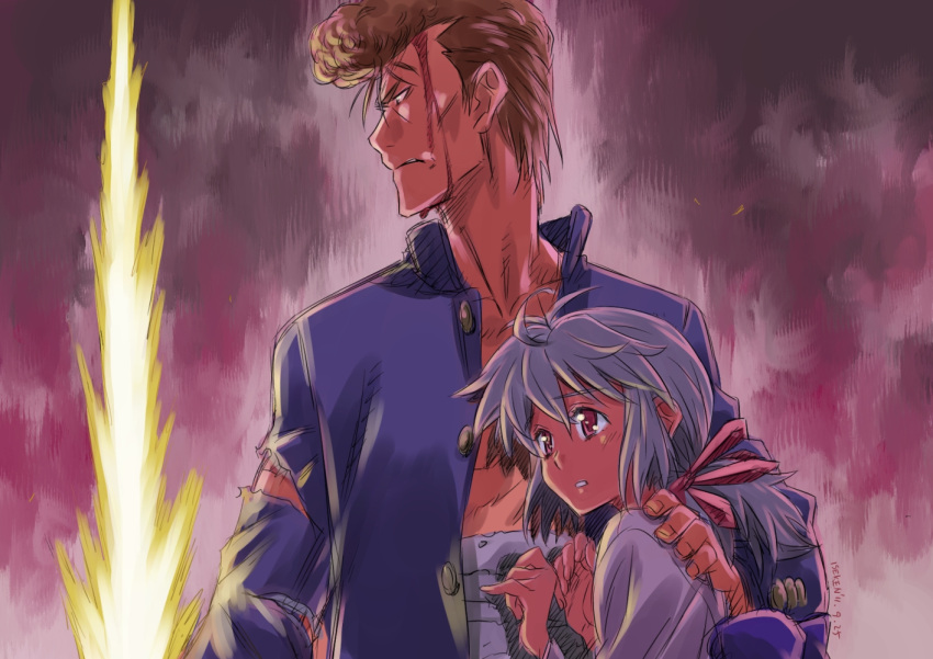 1boy bandages blood blood_on_face blue_hair brown_hair commentary_request energy_sword female height_difference isedaichi_ken kuwabara_kazuma md5_mismatch pompadour ponytail red_eyes sword torn_clothes weapon yu_yu_hakusho yukina_(yu_yu_hakusho)