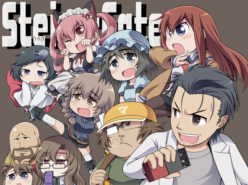 4boys 6+girls akiha_rumiho amane_suzuha asymmetrical_hair bad_id bad_pixiv_id bald bike_shorts black_hair blue_eyes braid brown_eyes brown_hair cellphone drill_hair facial_hair glasses goatee green_hair hair_ornament hairclip hashida_itaru hat kiryuu_moeka kneehighs long_hair makise_kurisu multiple_boys multiple_girls oerba_yun_fang okabe_rintarou otoko_no_ko pantyhose paw_pose phone pink_hair serebi_ryousangata shiina_mayuri short_hair side_ponytail socks steins;gate tennouji_nae tennouji_yuugo twin_braids twin_drills twintails urushibara_ruka