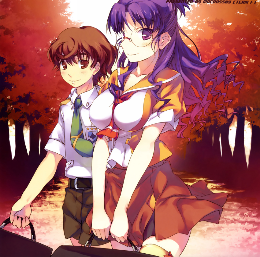 1boy absurdres brown_eyes brown_hair female glasses highres luca_angeloni macross macross_frontier macrossky matsuura_nanase photoshop_(medium) purple_eyes purple_hair ribbon scan school_uniform short_hair smile thighhighs tree zama_masaaki