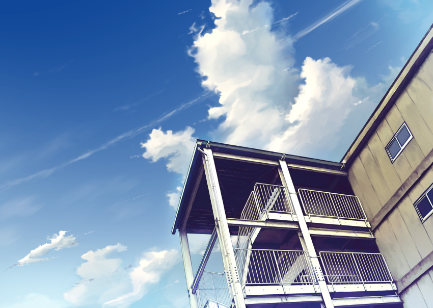 building cloud coach_(artist) commentary_request contrail day highres no_humans original outdoors photoshop_(medium) railing scenery sky stairs