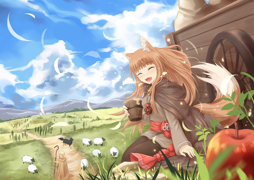 2girls ^_^ animal animal_ears apple blurry blush brown_hair canine cape closed_eyes commentary_request depth_of_field enekk food fruit grass holo landscape long_hair multiple_girls nncat nora_arento oerba_yun_fang open_mouth outdoors photoshop_(medium) pouch sheep shepherd sitting spice_and_wolf tail tears wolf_ears wolf_girl wolf_tail