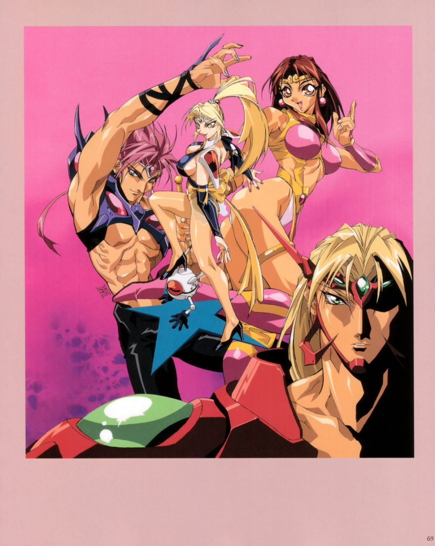 1990s_(style) 2boys 2girls abs alternate_color armor artbook ass ball_boy blonde_hair boots breasts bridal_gauntlets brown_eyes brown_hair choujin_gakuen_gowcaizer circlet cleavage curvy earrings fingernails gem gowcaizer green_eyes hellstinger high_heels high_ponytail highleg highleg_leotard highres hishizaki_shaia_(gowcaizer) jewelry kaiza_isato kash_gyustan large_breasts leg_up legs leotard lips lipstick long_hair long_legs looking_at_viewer looking_back magical_girl makeup midriff multiple_boys multiple_girls muscular nail_polish no_bra oerba_yun_fang official_art oobari_masami open_mouth panties pantyhose pauldrons pink_background pink_footwear pink_hair pink_legwear ponytail retro_artstyle revealing_clothes robot see-through shoes shoulder_armor sideboob signature smile son_karin star_(symbol) stepped_on thigh_boots thighhighs thighlet thighs thong thong_leotard underwear yellow_eyes