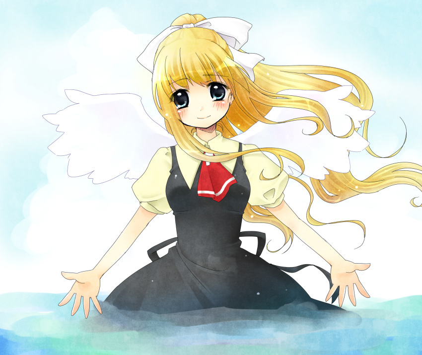 air_(visual_novel) bad_id bad_pixiv_id blonde_hair female green_eyes highres kamio_misuzu kanene_nono long_hair ponytail school_uniform solo very_long_hair wings